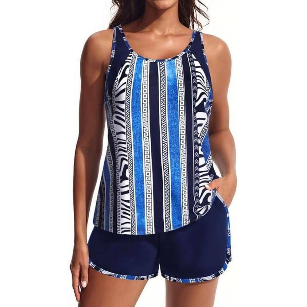 Hanna Nikole Women Blue Zebra Tankini Set Push Up Swimsuit Boy Shorts Size M